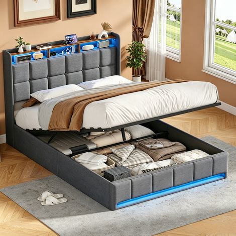 JOOKGBD- Polsterbett 140x200 cm, Doppelbett mit Stauraum, Kopfteil mit LED und USB-C, Bettkasten mit Gasdruckfeder, Jugendbett, Erwachsenenbett, Leinen, Grau