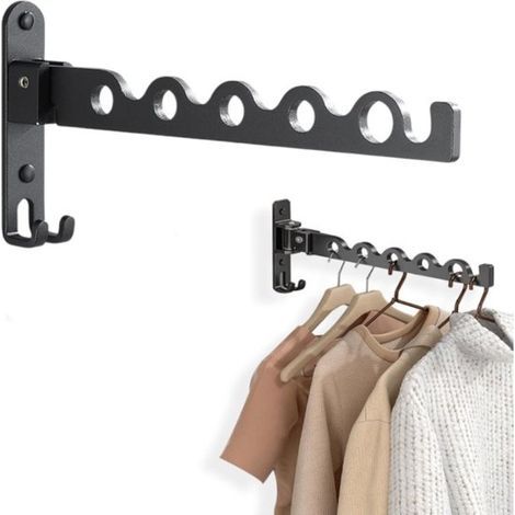 Clothes hanger, space-saving telescopic clothes hanger, clothing storage rack, foldable indoor wall-mounted clothes hanger with holes (black) (1/5)