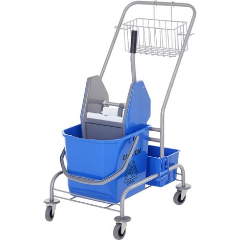 Carrello Pulizie Professionale con Cesto Sospeso, Ripiano, 25L Secchio Lavapavimenti con Strizzatore, Carrello Multiuso con Gancio per Hotel, Albergo e Ristorante, 72x49.5x95 cm, Blu
