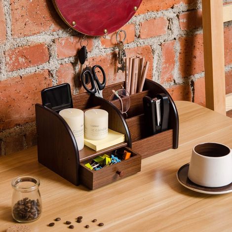Organiseur de bureau en bois brun cerisier avec tiroirs, plusieurs compartiments et étagères étagées (5 emplacements). Meuble de rangement pour fournitures de bureau, porte-papeterie et trieur d'acces (1/3)
