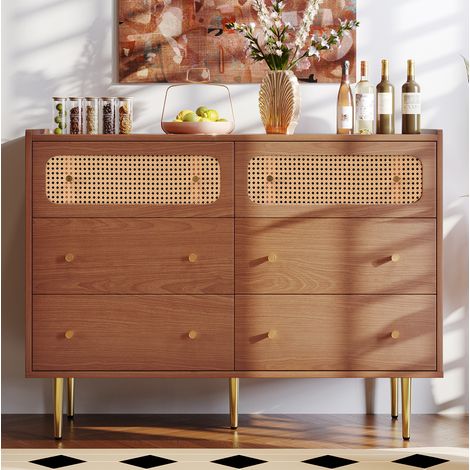 Commode 120x40x90 cm noyer en bois et métal avec 6 tiroirs et détails en rotin (1/5)