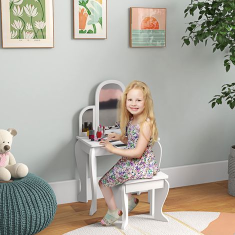 Coiffeuse pour enfants avec miroir et tabouret, meuble de maquillage pour filles de 3 à 6 ans avec tiroir, blanche (1/5)