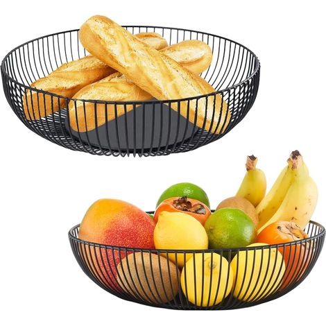 Lot de 2 Corbeille à fruits, Métal noir mat, Design ajouré, Panier rangement, Cuisine salle à manger