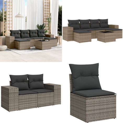 Salon de jardin avec coussins 7 pcs gris résine tressée - Ensemble Salon De Jardin - Meuble De Jardin - Jardin Design - Mobilier Exterieur - Chaise Lounge - Home & Living (1/5)