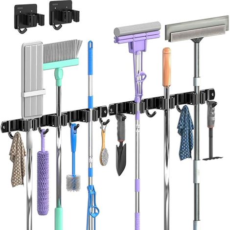 2 x Wall Mounted Broom Hooks (3 Brackets + 4 Hooks) and 2 x Brush Holders without Drilling 304 Stainless Steel for Bathrooms, Garages, Kitchen, Garden, Laundry Room, Black (1/5)