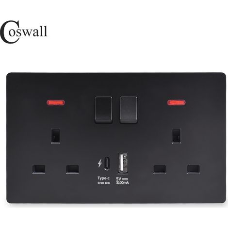 Double Switched Socket 13 Amp with USB A and Type C Charging Ports Wall Outlet Electric Power Socket，Black (1/3)
