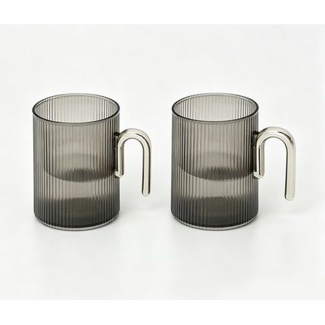 Bicchiere per collutorio/portaspazzolino con manico, bicchiere per doccia, design a righe, multifunzionale e riutilizzabile, set da 2, grigio (1/5)