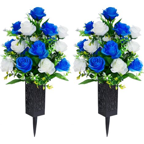 Lot de 2 Fleurs artificielles de cimetière avec Vase, Arrangements pour Pierres tombales, Vase en Plastique Noir avec Trou de Drainage à Longues Pointes (Bleu foncé) (1/5)