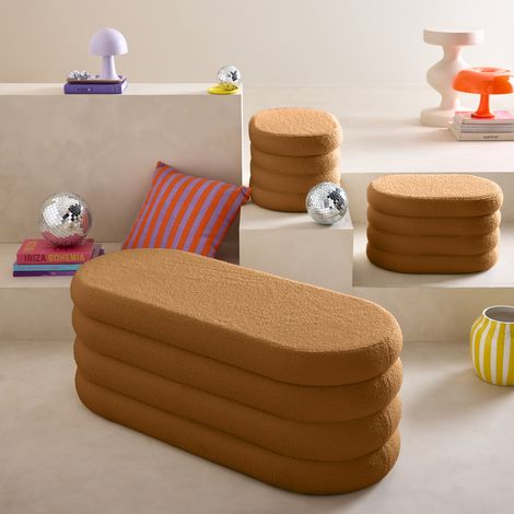Banc coffre en bouclettes rouille avec 2 poufs ovales de rangement intégrés - L111cm (1/5)