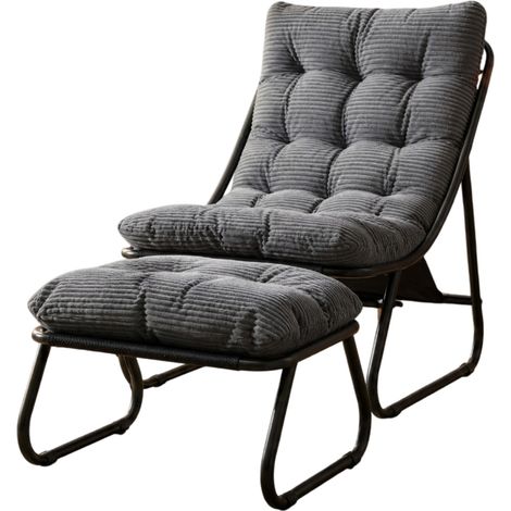Poltrona lounge da esterno con ottomano in acciaio, cuscino grigio, nero (1/5)