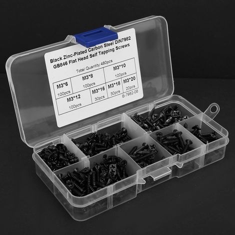 480 Stück selbstschneidende Schrauben, M3 Flachkopf, Kreuzschlitz, Befestigungselemente aus Kohlenstoffstahl, schwarz vernickelt (schwarzer Kohlenstoffstahl) (1/5)