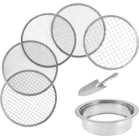 Juego de tamices de jardín, tamiz de tierra de acero inoxidable, 5 tamaños de malla diferentes (12 mm/9 mm/6 mm/3 mm/1 mm), se puede utilizar para tamizar tierra vegetal, piedras, maleza, arena para g