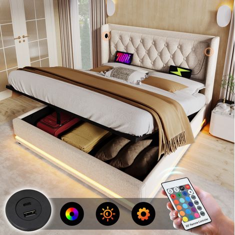 Bett Mit Bettkasten 160x200 cm Mit Gepolstertem Kopfteil Und LED-Beleuchtung (1/5)