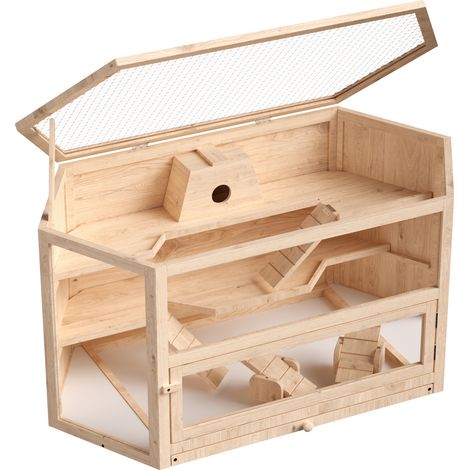 Wiltec XXL 3 Etagen Nagerkäfig, 6-eckig, 1150 x 600 x 580 mm, aus Holz, mit klappbarem Deckel & Sichtfenster, Kleintierhaus Mäusekäfig Hamsterkäfig