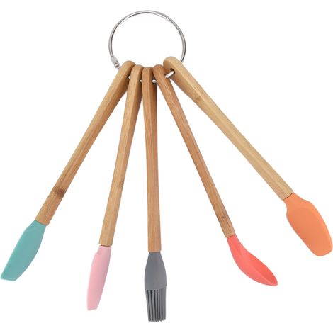 Ensemble de 5 ustensiles de cuisine : pinceau, spatule, coupe-pâte, cuillère, grattoir. Non toxique, durable et imperméable. Manche en bambou. (1/5)