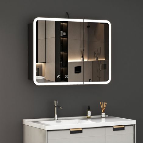 80x60 cm Schwarz Spiegelschrank Bad mit Beleuchtung LED Spiegelschrank mit Beleuchtung Aluminium Badezimmerschrank mit Spiegel bad Hängeschränke Medizin Kabinett mit 3 Einstellbare Lichtfarben + Besch (1/5)