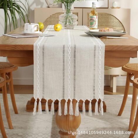 BUNTHAUS Chemin de table en lin rustique avec pompon fait à la main, style ferme, 183 cm de long, pour décoration de fête et de salle à manger, 33 x 183 cm (marron)