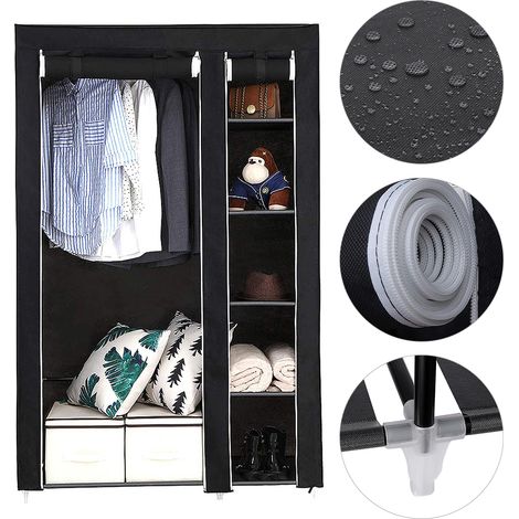 Armoire de Rangement Penderie Dressing en Tissu Non Tissé avec 5 Etagères + Tringle 105 x 172 x 43 cm Noir (1/5)