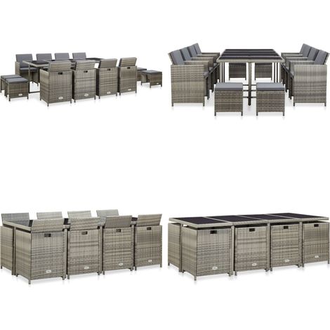 Set da Pranzo da Giardino 13pz con Cuscini in Polyrattan Grigio - Tavolo da pranzo esterno - Sedie da giardino