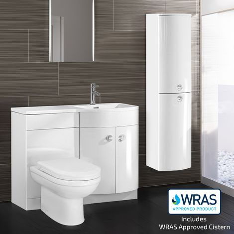 Dene RH 1100mm Vanity Basin Unit White, Welbourne Back to Wall Toilet & Wall Hung Cabinet White (1/5)