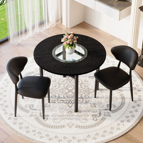 Esszimmergarnitur aus MDF, Glas und Metall in Schwarz, runder Tisch Ø100 cm mit 2 PU-Stühlen und Glasablage (1/5)