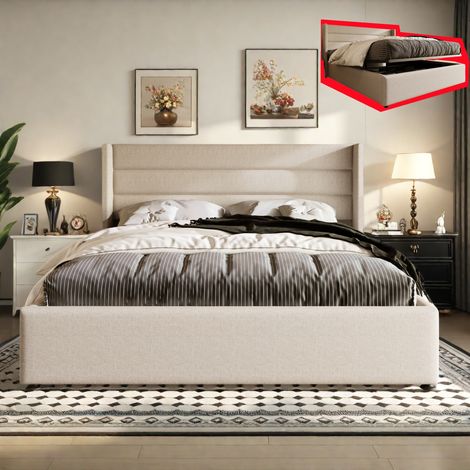 Lit coffre 160x200 cm, tissu lin, tête de lit rayée, sommier à lattes, cadre de lit en métal, lit hydraulique avec rangement, lit style scandinave pour adulte, Beige