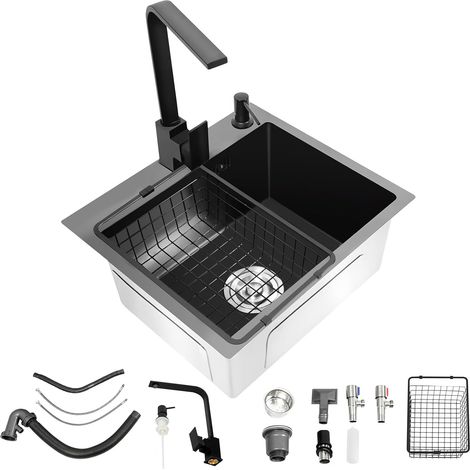 HAUTOUR Évier de cuisine, en acier inoxydable, 45 x 40 cm, encastrable, avec robinet et panier d'égouttement, lavabo avec distributeur de savon de 150 ml, 1 bac (1/5)