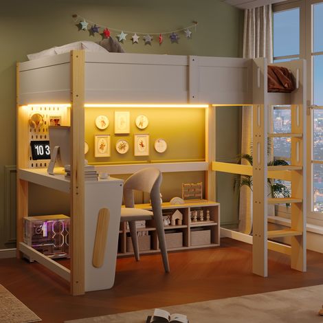 Lit mezzanine 140x200 cm - Lit double avec bureau, panneau perforé, LED et barrières de sécurité, en pin et MDF, naturel et blanc (1/5)