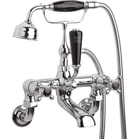 Old London Topaz Black Crosshead Wall Mounted Chrome Bath Shower Mixer Tap and Shower Kit with Dome Collar - BC404DXWM (1/2)