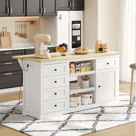 Credenza 150x65x75,5 cm con 5 cassetti, 2 ripiani regolabili, piano ribaltabile e prese elettriche, per cucina, sala da pranzo e soggiorno, bianca (1/5)