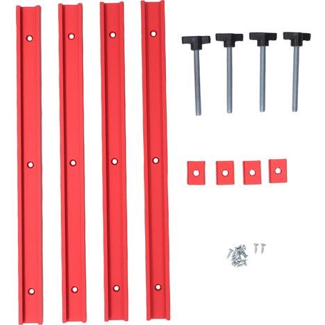 Set of M8 400mm pre-drilled aluminum T-rails for joinery, red (1/5)