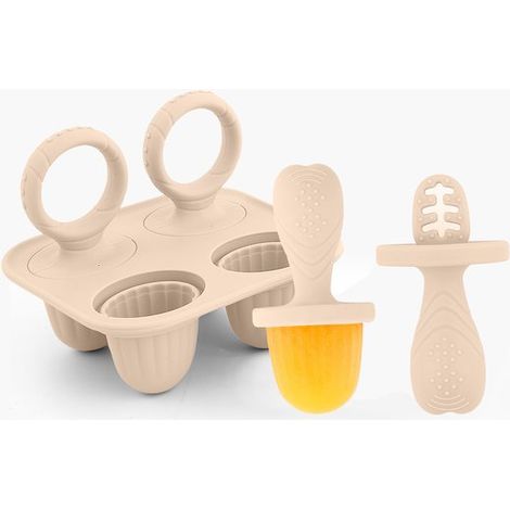 Moule à glace en silicone beige pour bébé avec poignée ergonomique, 4 compartiments pour aliments congelés, purées de fruits et snacks, pour tout-petits (1/5)