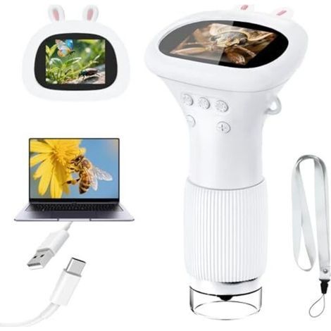 Microscope pour enfants, microscope numérique de poche avec écran IPS 2 pouces, grossissement 200x, 8 LED, microscope portable pour enfants, jouet de jardin - Blanc