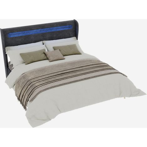 Lit rembourré moderne et minimaliste avec tête de lit souple intégrant un éclairage LED, 160 x 200 cm, gris, meuble de chambre multifonctionnel, sommier bas sans rangement (sans vérin à gaz), matelas  (1/5)