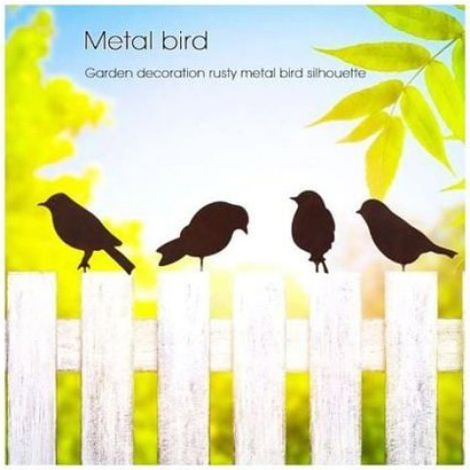 Ornements oiseaux jardin - 4 pièces, métal rouillé, silhouette, avec vis - Convient pour patio, paysage Étiquette (1/5)