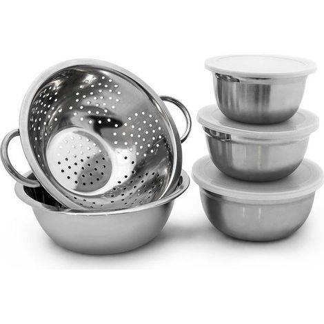 KLVGTIFS PU10019118 Lot de 5 pièces empilables 3 bols en acier inoxydable avec couvercle 1 saladier 1 Passoire Inox 1001911 (1/5)