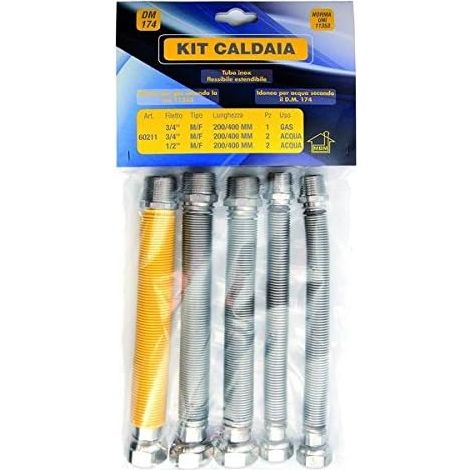 Kit de tubes en acier inoxydable extensibles flexibles pour chaudière 200/400 gaz 3/4 "mf 2x1 / 2" mf 2x3 / 4" mf uni 11.353 eau DM 174 (1/5)