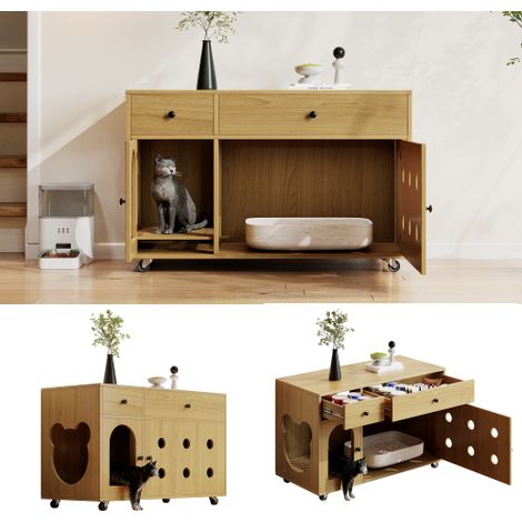 Katzenkloschrank 100x45x66 cm, Katzenschrank geruchsisoliert mit Schubladen, abnehmbarer Sandfangplatte und Rollen, Katzenklo Möbel Holz