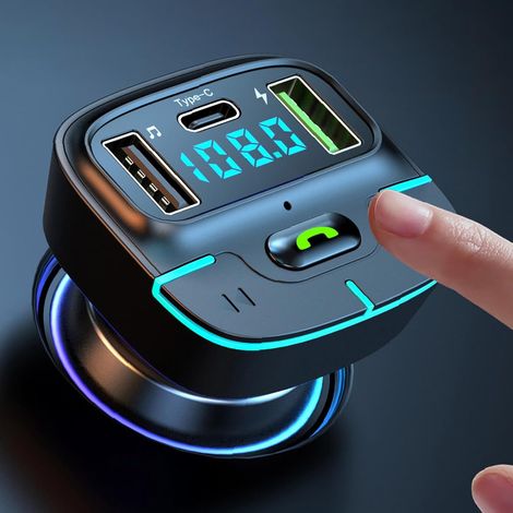 Kit vivavoce per auto Bluetooth 5.3 - Caricabatterie doppio USB tipo C, modulatore MP3 3D, monitor della batteria, trasmettitore FM