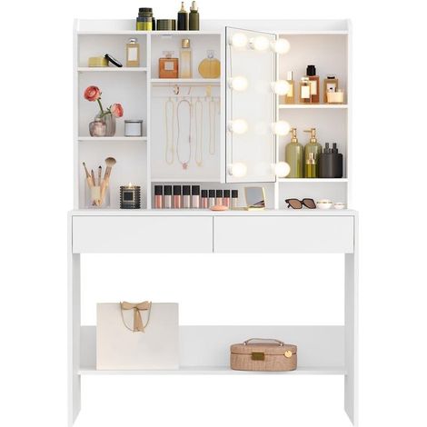 Coiffeuse moderne avec miroir lumineux réglable 40 x 90 x 144,7 cm ambiance cosy en aggloméré blanc nuage (1/2)