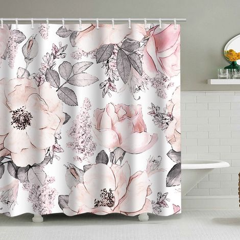 Duschvorhang (150 x 180 cm) mit Blumen- und Blattmuster, Aquarell-Blumenmuster in Pastellfarben, wasserdichtes Polyestergewebe für Badezimmer, inklusive 12 Haken