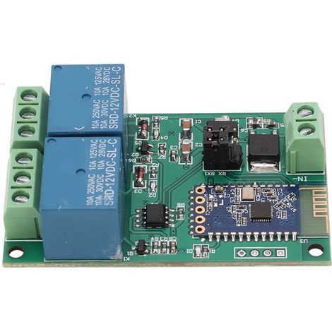 Module relais 2 canaux avec carte Bluetooth, commande à distance via application et indicateur lumineux, alimentation 12 V CC. (1/5)