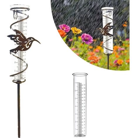 FoctroPluviometre Exterieur Jardin, Pluviomètres en Verre avec Piquet en Métal, Tube de Jauge de Pluie Détachable pour Clôture de Jardin Pelouse Terrasse (Colibri) (1/5)