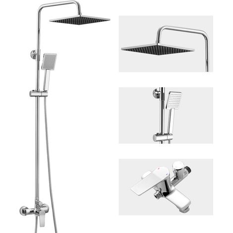 Auralum Colonne de Douche avec Mitigeur Douche Monocommande, Ensemble de Douche Réglable en Hauteur, Mitigeur Mécanique Système de Douche avec Tête de Douche et Douchette, Chromé