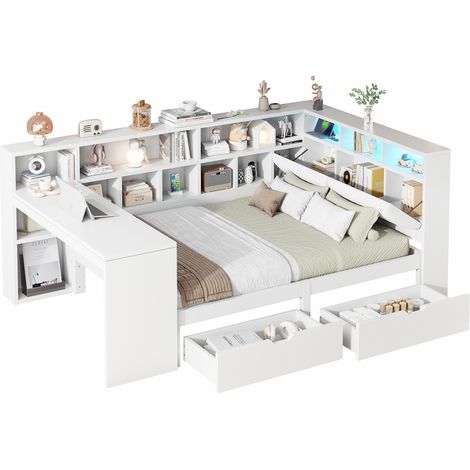 Lit coffre bois en 140x200 cm avec bureau bibliothèque tête de lit capitonnée tiroirs intégrés éclairage led, structure bois blanc (1/5)
