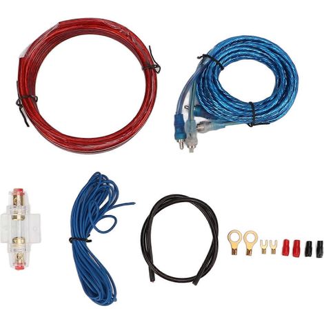 Kit de câblage pour amplificateur de voiture de calibre 8 avec câble d'alimentation et câble audio RCA pour haut-parleurs et caissons de basses de voiture.