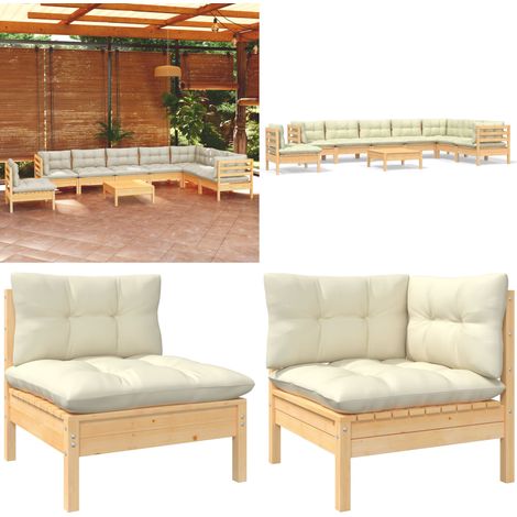 9-tlg. Garten-Lounge-Set mit Creme Kissen Massivholz Kiefer - Gartenzubehör - Lounge Set - Gartenmöbel - Outdoor Möbel - Rattan Gartenmöbel - Home & Living (1/5)