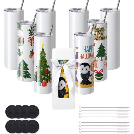 VEVOR Confezione da 8 bicchieri dritti per sublimazione, Bicchiere vuoto 30 oz, Bicchieri a doppia parete in acciaio inox con cannuccia, Coperchio, Pennello, Base, Pellicola termoretraibile