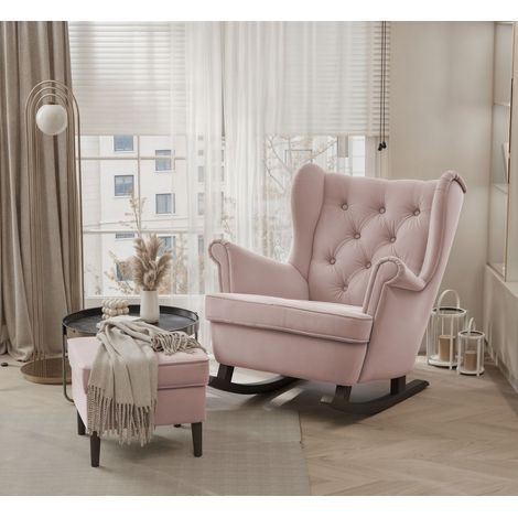 Schaukelsessel Ohrensessel Sessel NINON inkl. Hocker in Stoff Trinity Puderrosa