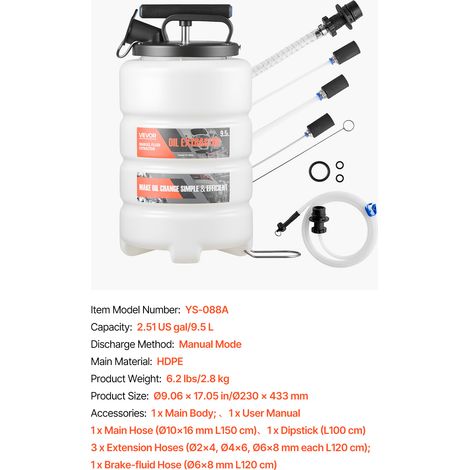 VEVOR Fluid Extractor, 9.5 L Capacity, Manual Vacuum Fluid Extractor with 150 cm Long Horse and Three 120 cm Extension Tubes, Oil Change Pump with HDPE Tank for Cars, Lawn Mowers, Boats (1/4)
